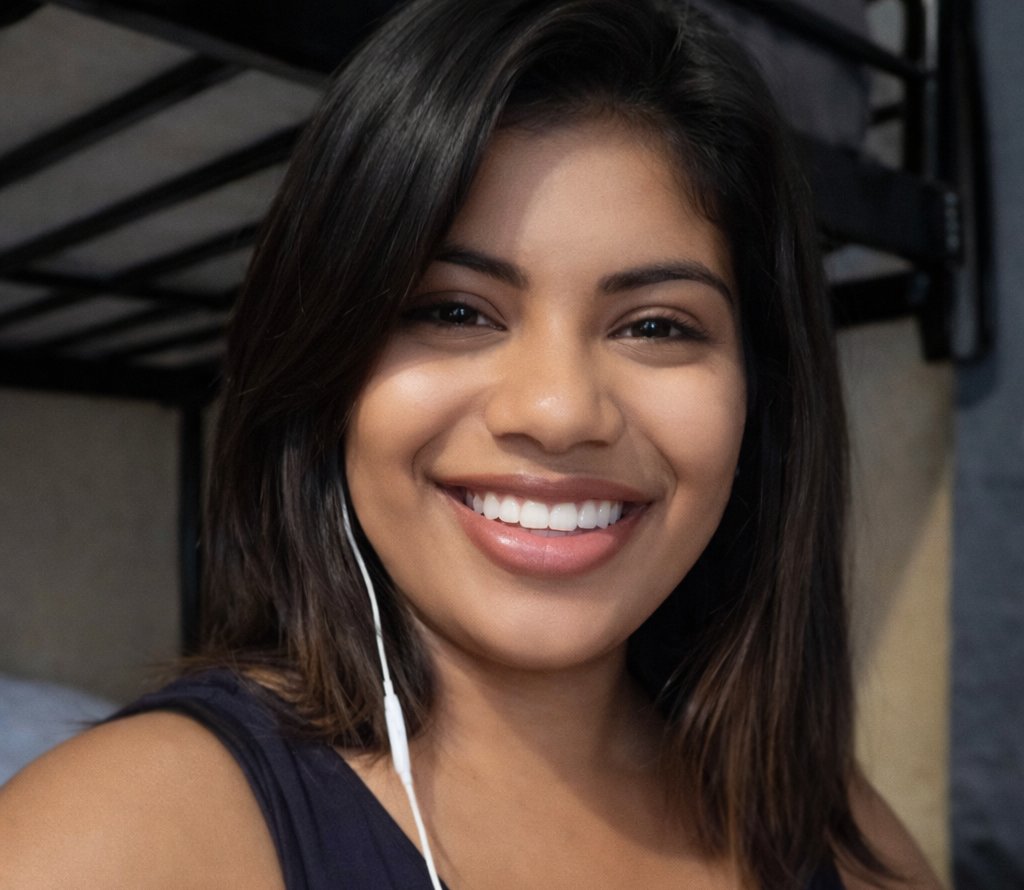 Smiling woman indoors wearing earbuds, photographed in a casual setting.