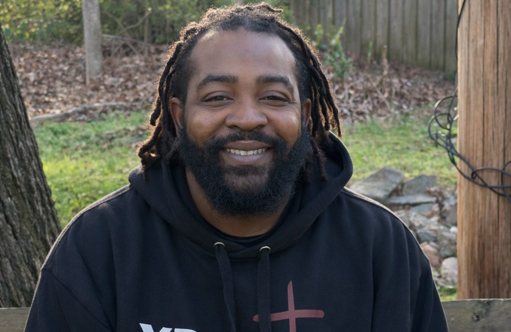 Person smiling outdoors, wearing a dark hoodie in a natural setting.