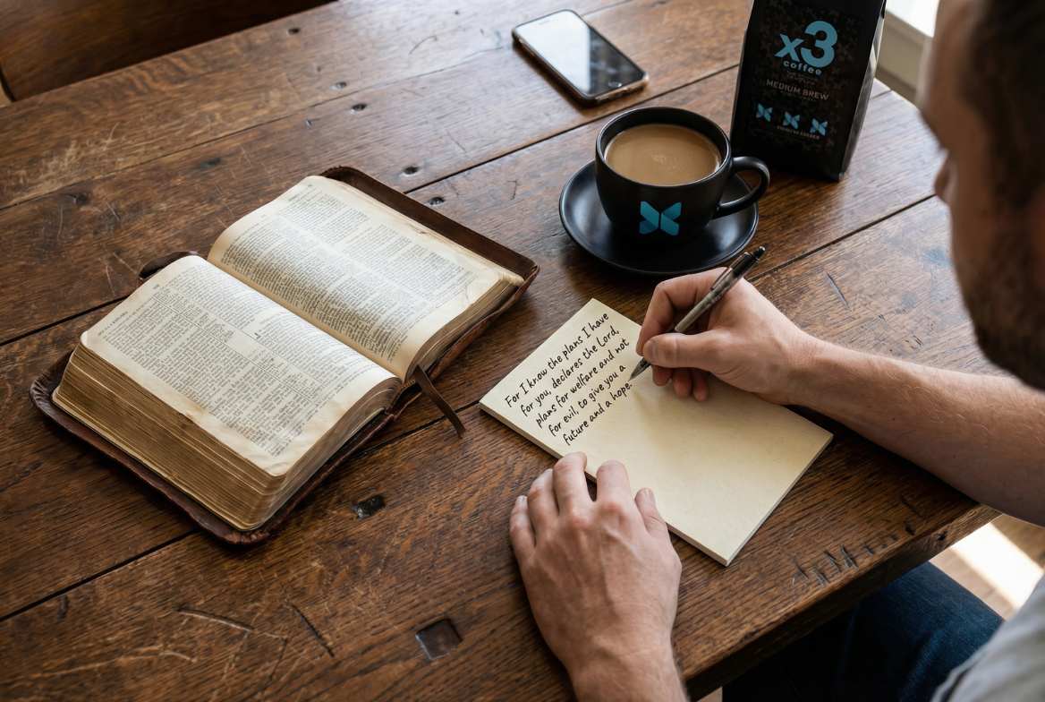 Person writing a prayer or Scripture note beside an open Bible and a cup of x3 Coffee on a wooden table.