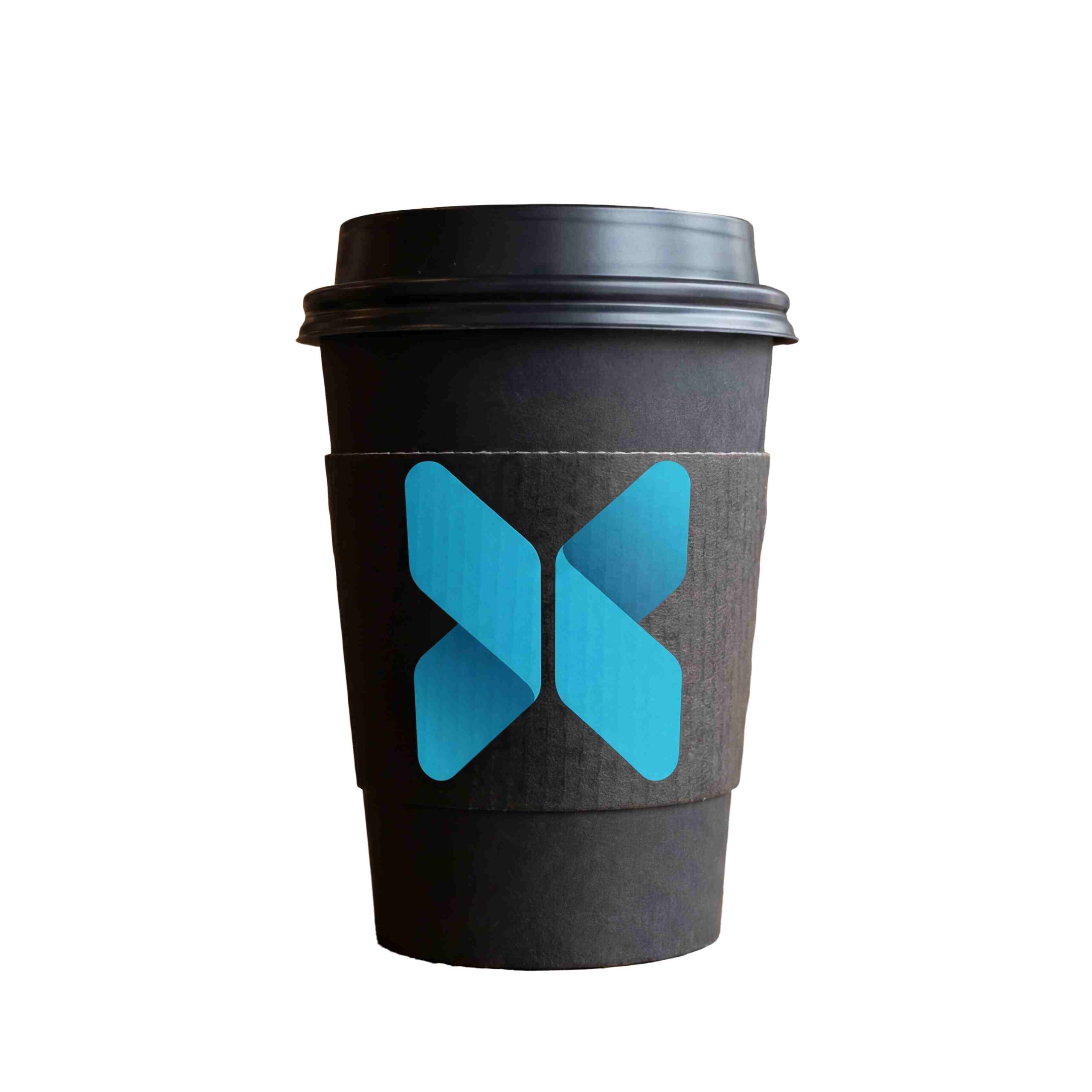 Black takeaway coffee cup with the x3 Coffee logo on a white background.