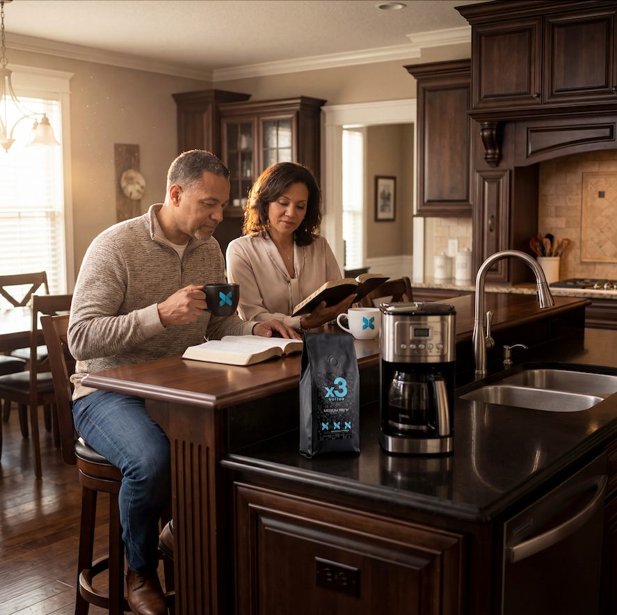 Couple reading the Bible together at a kitchen table with x3 Coffee mugs and coffee bag nearby.