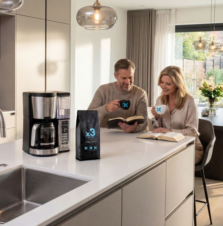 Two people enjoying coffee and reading together at a kitchen counter with x3 Coffee nearby.