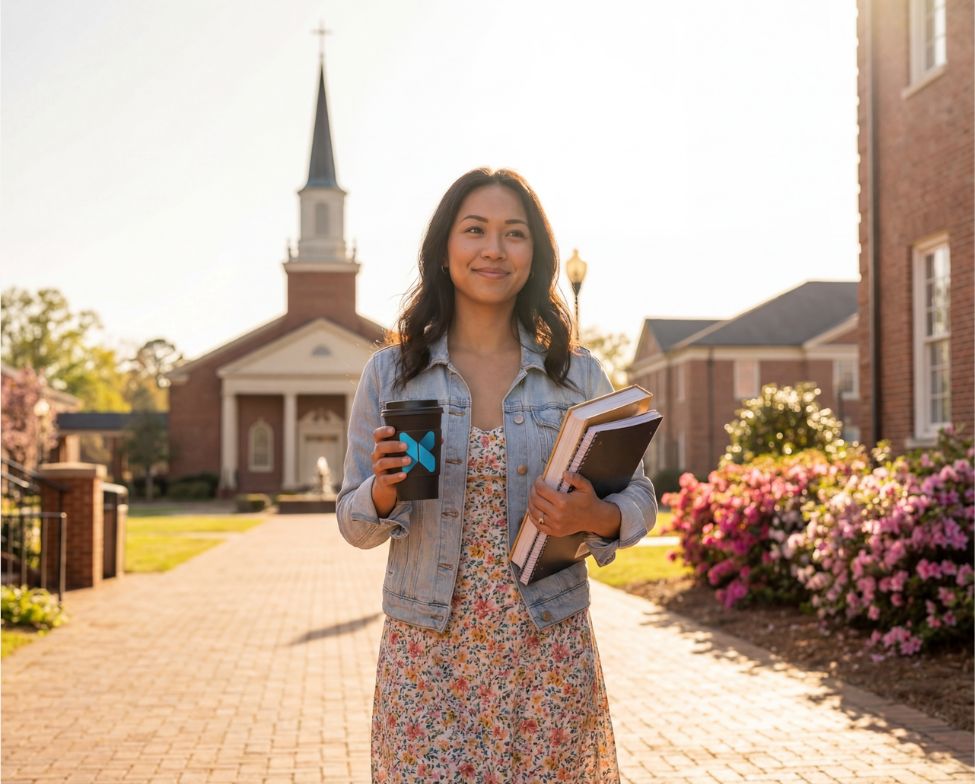 Student holding books and an x3 Coffee cup while walking on a church campus.