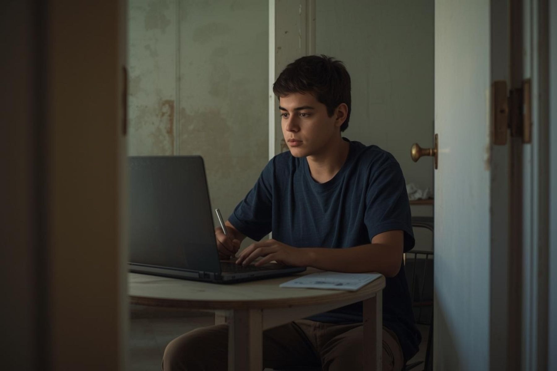 A young person sits at a small table working on a laptop and writing notes in a quiet room.