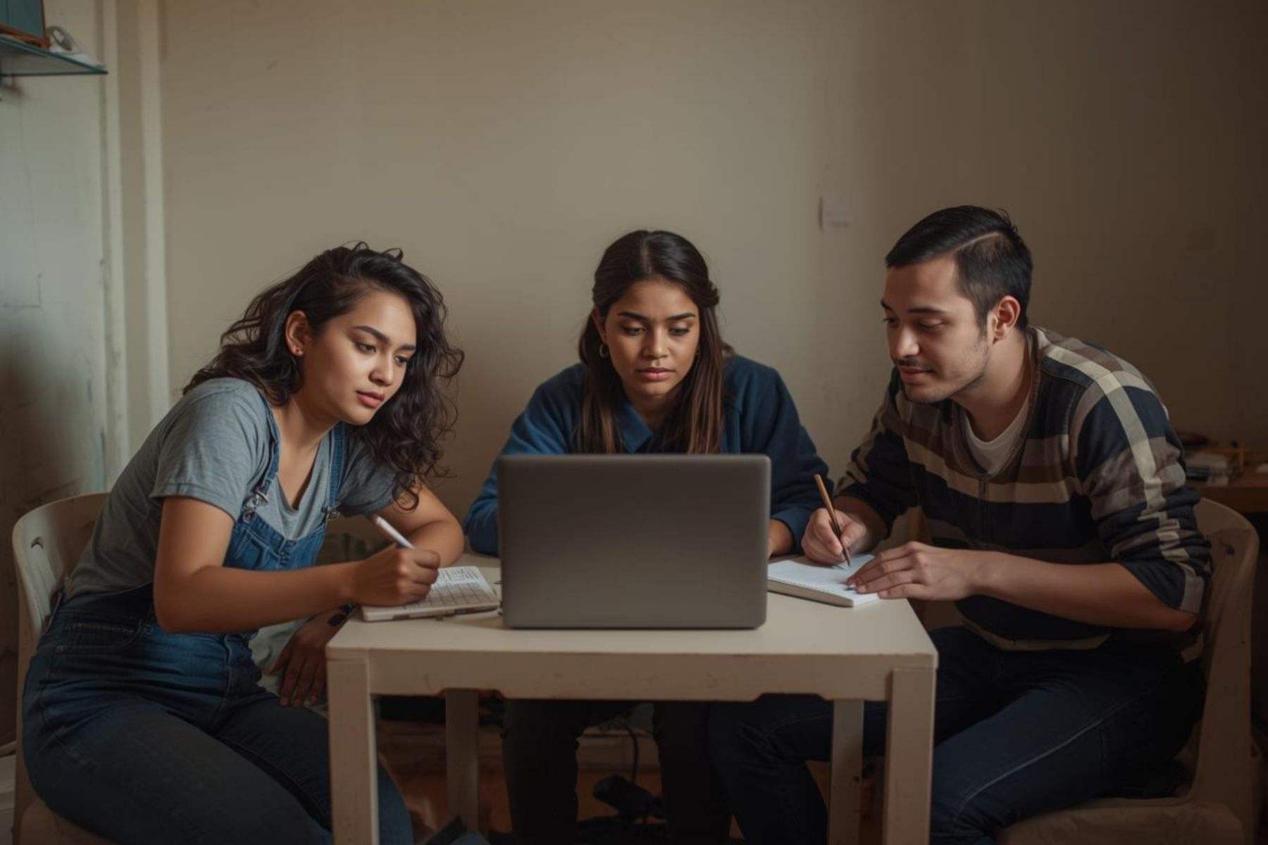 Three people sit together at a table collaborating on a laptop and taking notes.