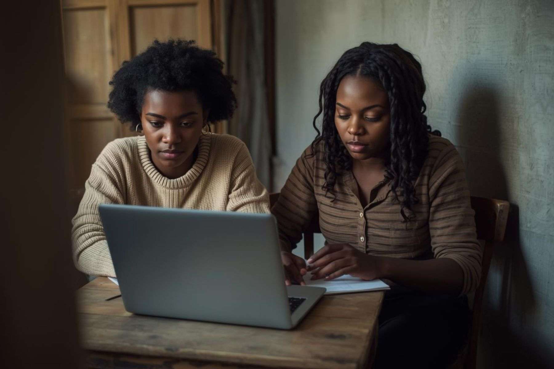 Two women sit at a table working together on a laptop and reviewing notes.