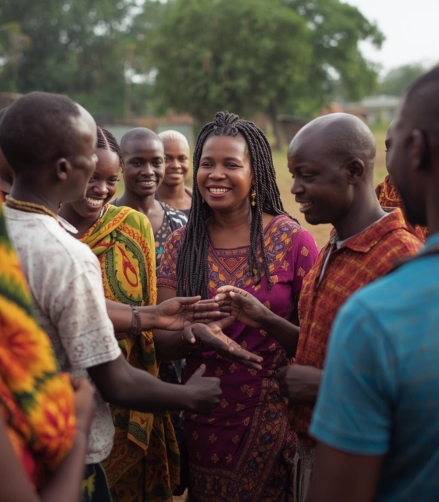 A smiling woman stands among a small group of people engaged in conversation outdoors.