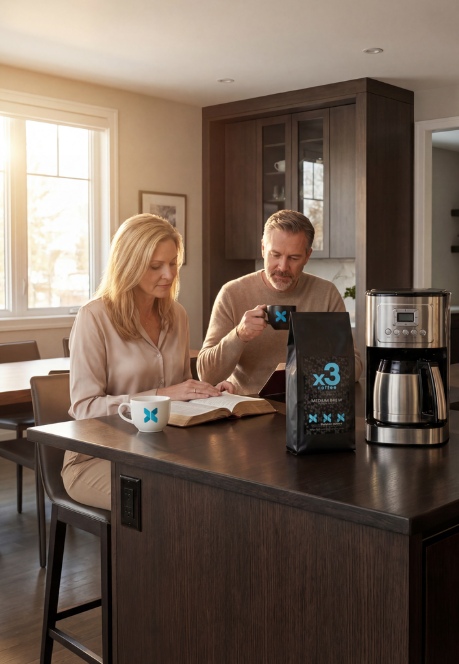 A couple sits at a kitchen island reading a Bible and drinking coffee beside an x3 Coffee bag and coffee maker.